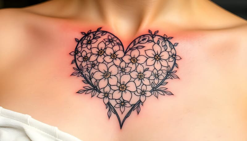A stunning floral heart tattoo adorns the collarbone, featuring intricate linework and delicate white flowers, symbolizing love and beauty, perfect for romantic tattoo art inspiration.