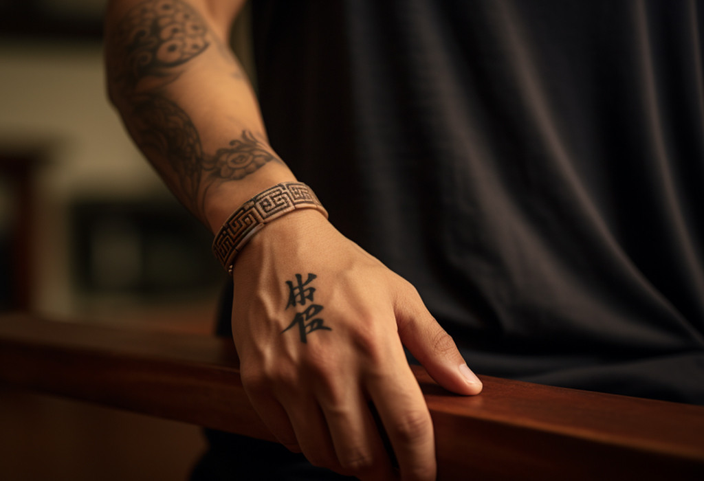 Foreign language tattoo on man