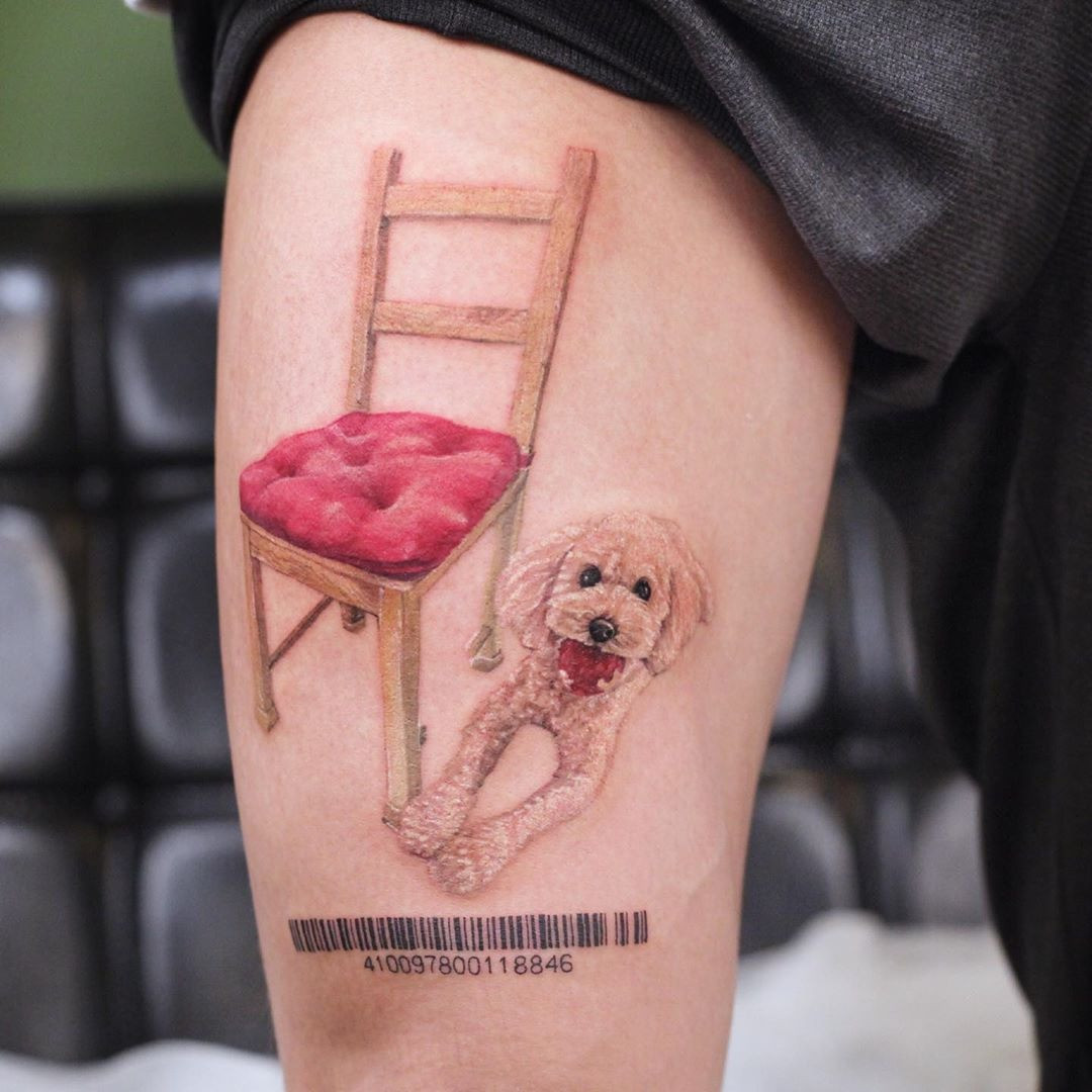 A barcode tattoo with a unique design incorporating personal initials and a meaningful date.