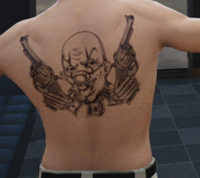 GTA 5 torso tattoo design with a clown wielding dual guns and money, embodying chaos and wealth, ideal for players seeking a provocative and edgy appearance