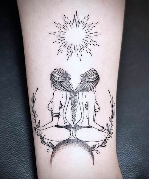 Intricate Gemini twins tattoo with lavender flowers on the back