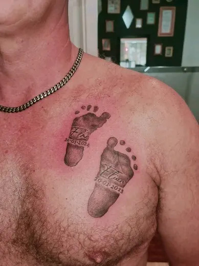Footprints with birthdates tattoo, featuring realistic footprints accompanied by names and birthdates, symbolizing love and pride for grandchildren