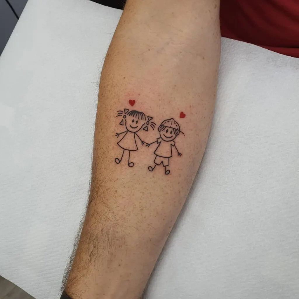 Childlike drawing of grandchildren tattoo, capturing the innocence and joy of childhood, reflecting the love and bond between grandchildren and their grandparent