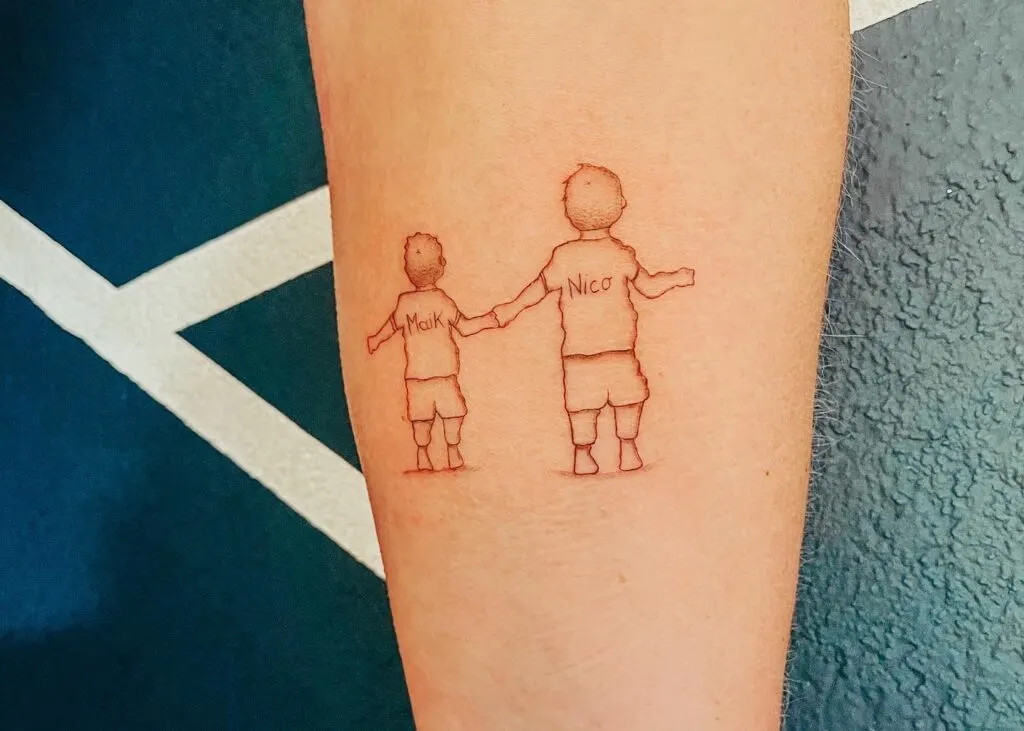 Outline of children holding hands tattoo, symbolizing unity and friendship with a minimalist style and personalized names for a heartfelt tribute