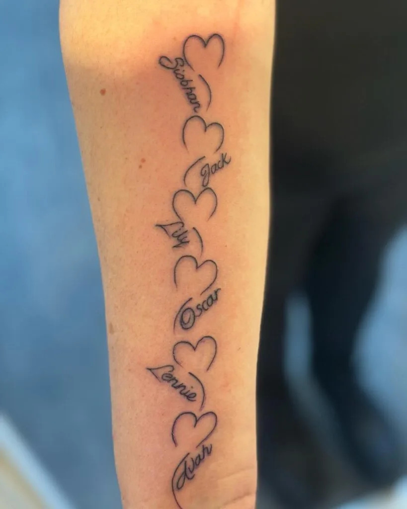Heart names chain tattoo, symbolizing the unbreakable bond and continuity within the family with interlocking hearts and elegant names