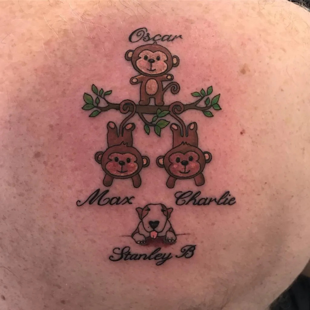Monkey family tree tattoo, a playful design symbolizing grandchildren with cute monkeys, names, and a dog representing a beloved family member