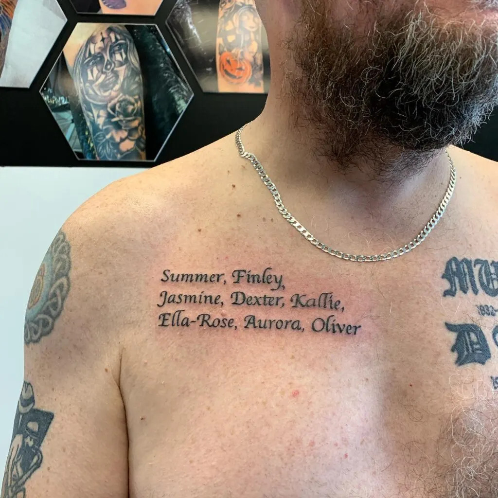 Names tattoo on chest, arranged in neat script over the heart, signifying deep affection and love for the individuals named