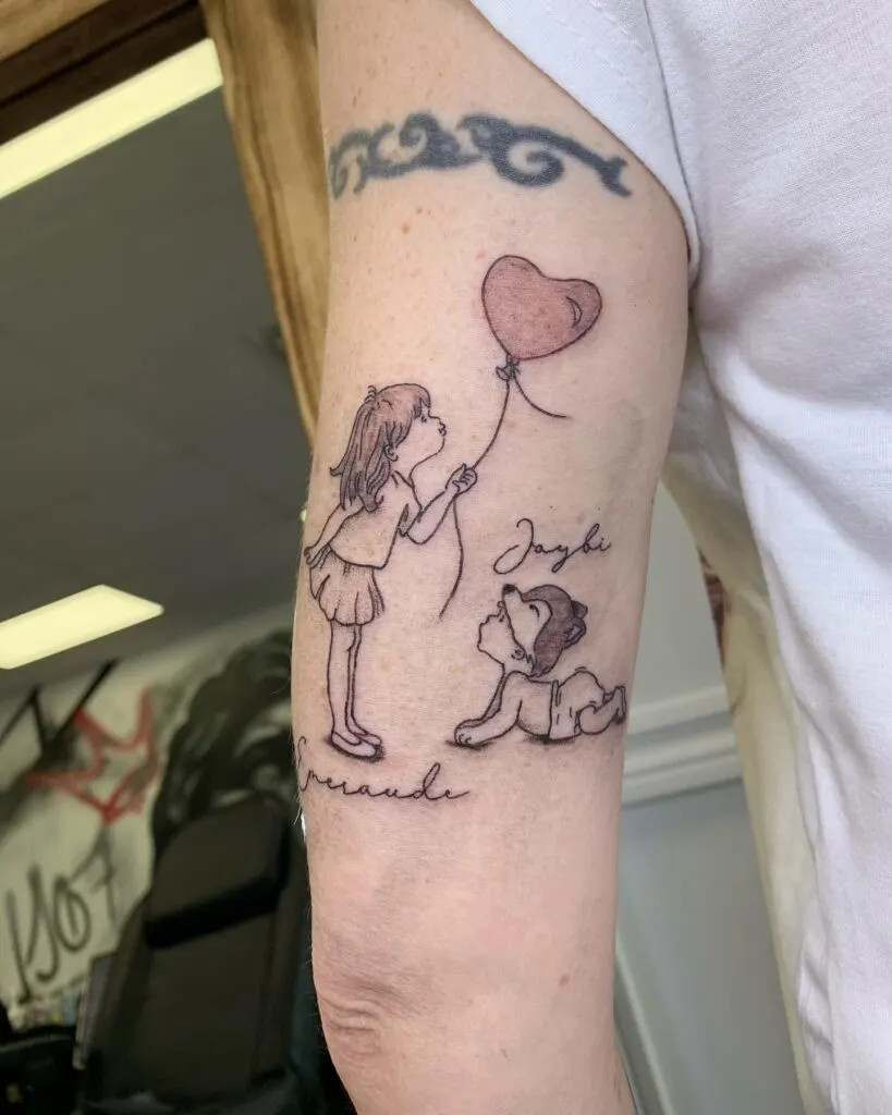 Children with heart balloon tattoo, capturing the innocence and joy of childhood, symbolizing the cherished moments shared between grandchildren and their grandparent