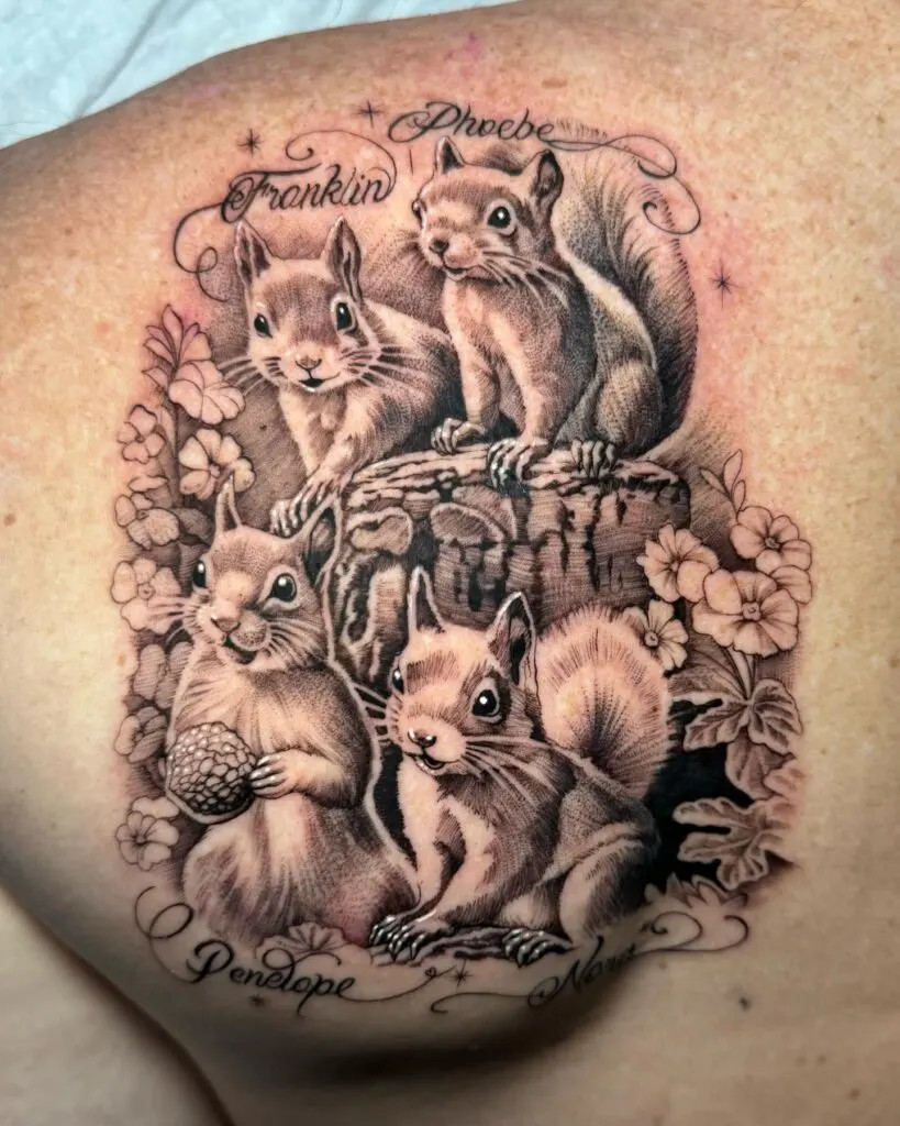 Squirrel family with names tattoo, celebrating grandchildren's lively nature with intricately drawn squirrels, flowers, and leaves