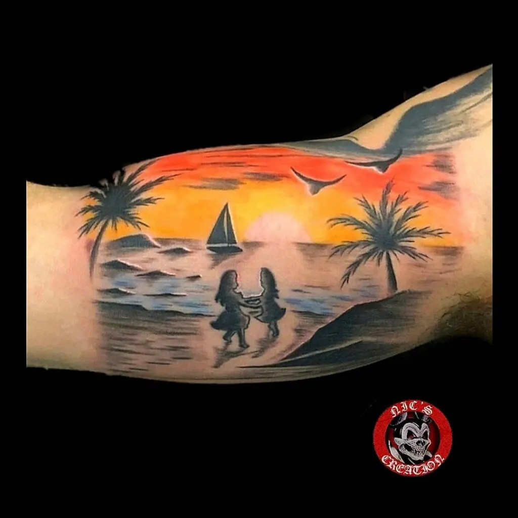 Sunset beach scene tattoo with children holding hands, symbolizing precious moments shared with grandchildren in a serene and heartwarming tribute