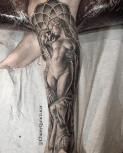 Leg sleeve tattoo with vibrant colors