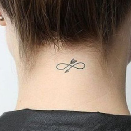 Infinity arrow tattoo on back neck feminine