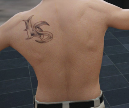GTA 5 torso tattoo with LS script, representing local pride and gang affiliation, ideal for players wanting to showcase their connection to Los Santos