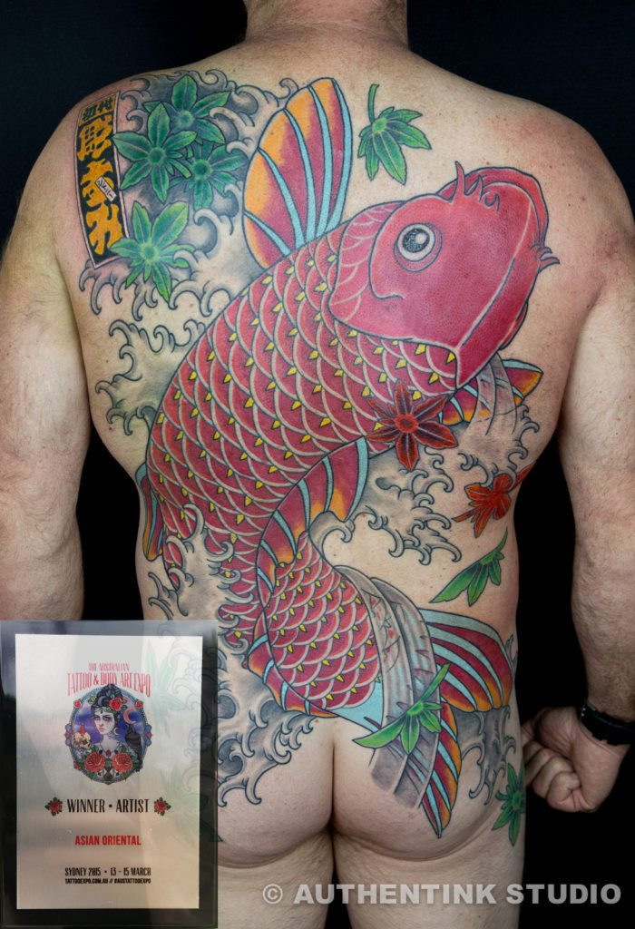 Full koi back piece with Maple leaves, by Kian Horisumi Forreal