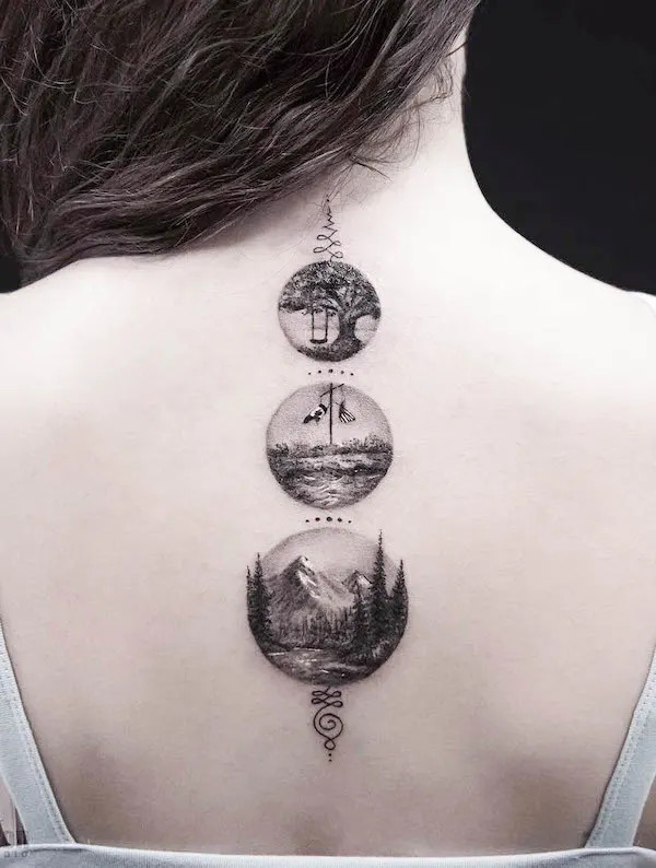 Scenic spine tattoo featuring a landscape, designed by @grxsy