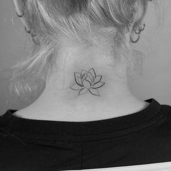 Lotus flower neck tattoo with fine lines