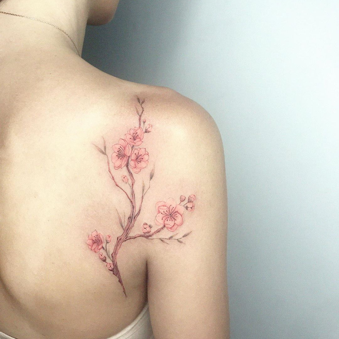 A vibrant watercolor style Japanese cherry blossom tattoo gracefully adorning a woman's shoulder.