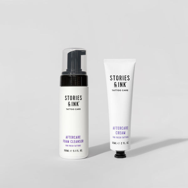 Stories &amp; Ink Aftercare Duo featuring gentle foam cleanser and hydrating cream