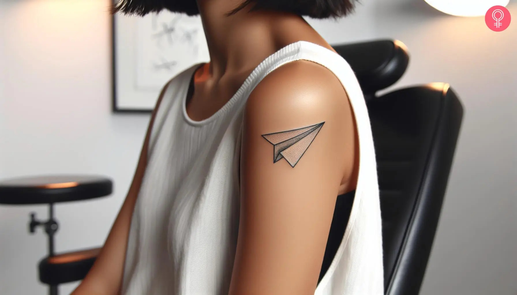 A woman's arm features a paper airplane tattoo, symbolizing her dreams and aspirations.