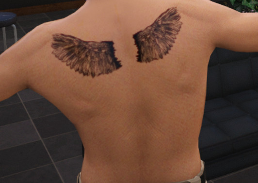GTA 5 torso tattoo showing torn wings, signifying resilience and inner strength, popular among players wanting to showcase a rebellious spirit