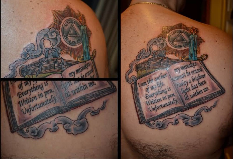 Burning candle and book tattoo
