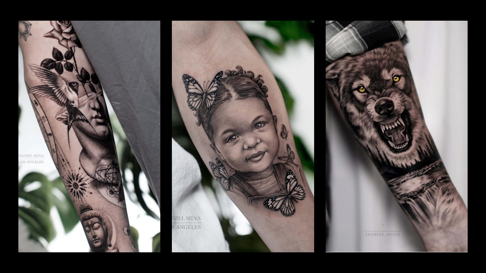 Daniel Silva Tattoo Work - A blend of realism, geometric shapes, and animal imagery