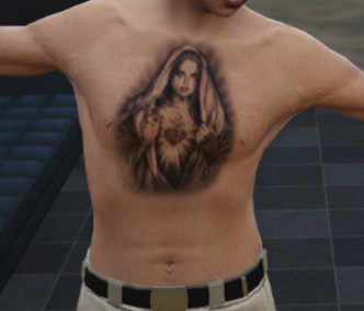 GTA 5 torso tattoo of the Holy Mary, representing faith and protection, a meaningful choice for players seeking a spiritual or symbolic design