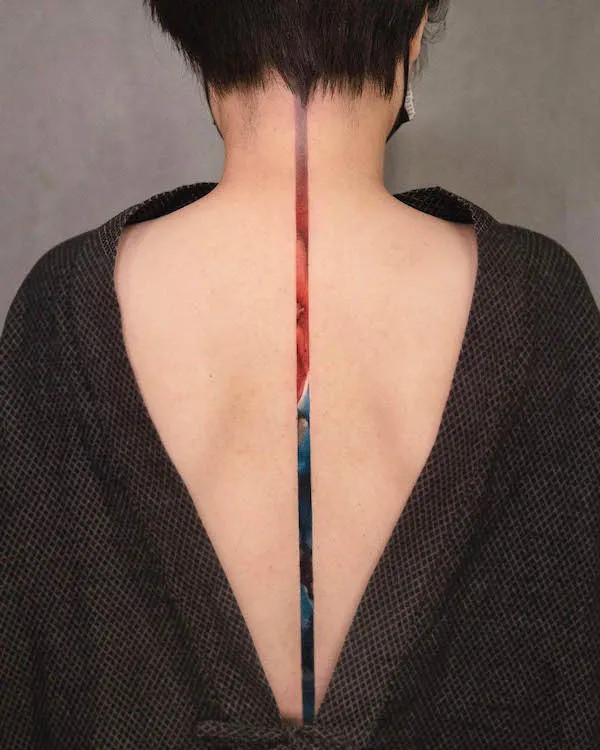 Vibrant spine tattoo with a single rainbow stripe, created by @newtattoo_demi