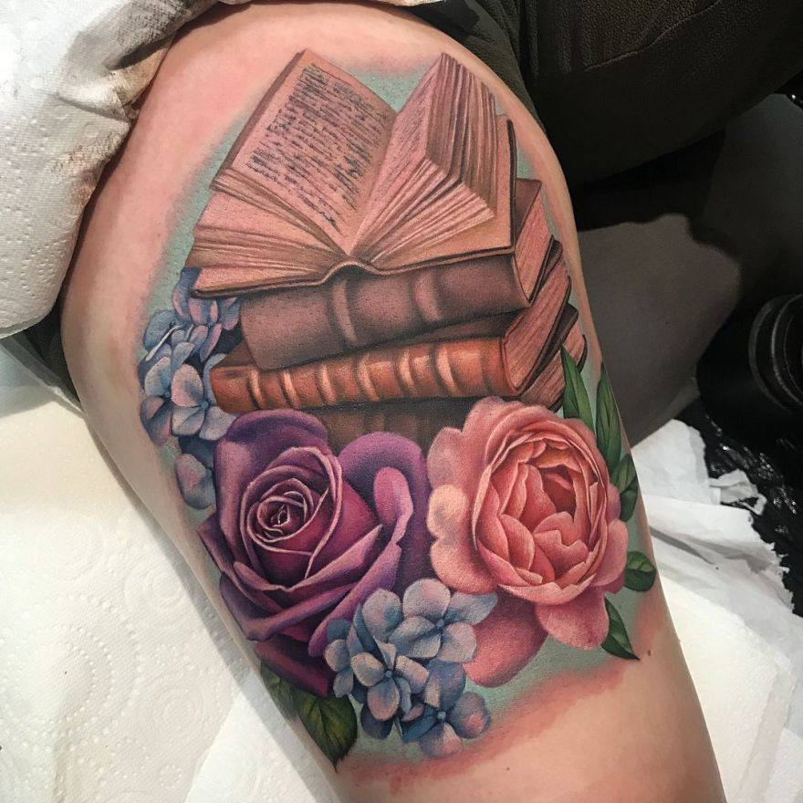 Realistic colored book tattoo