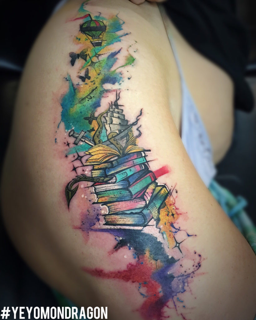 Watercolor book tattoo design