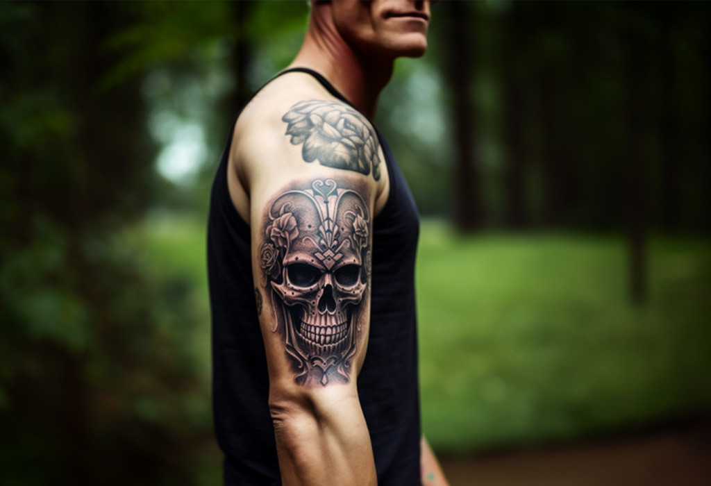 big skull tattoo on man