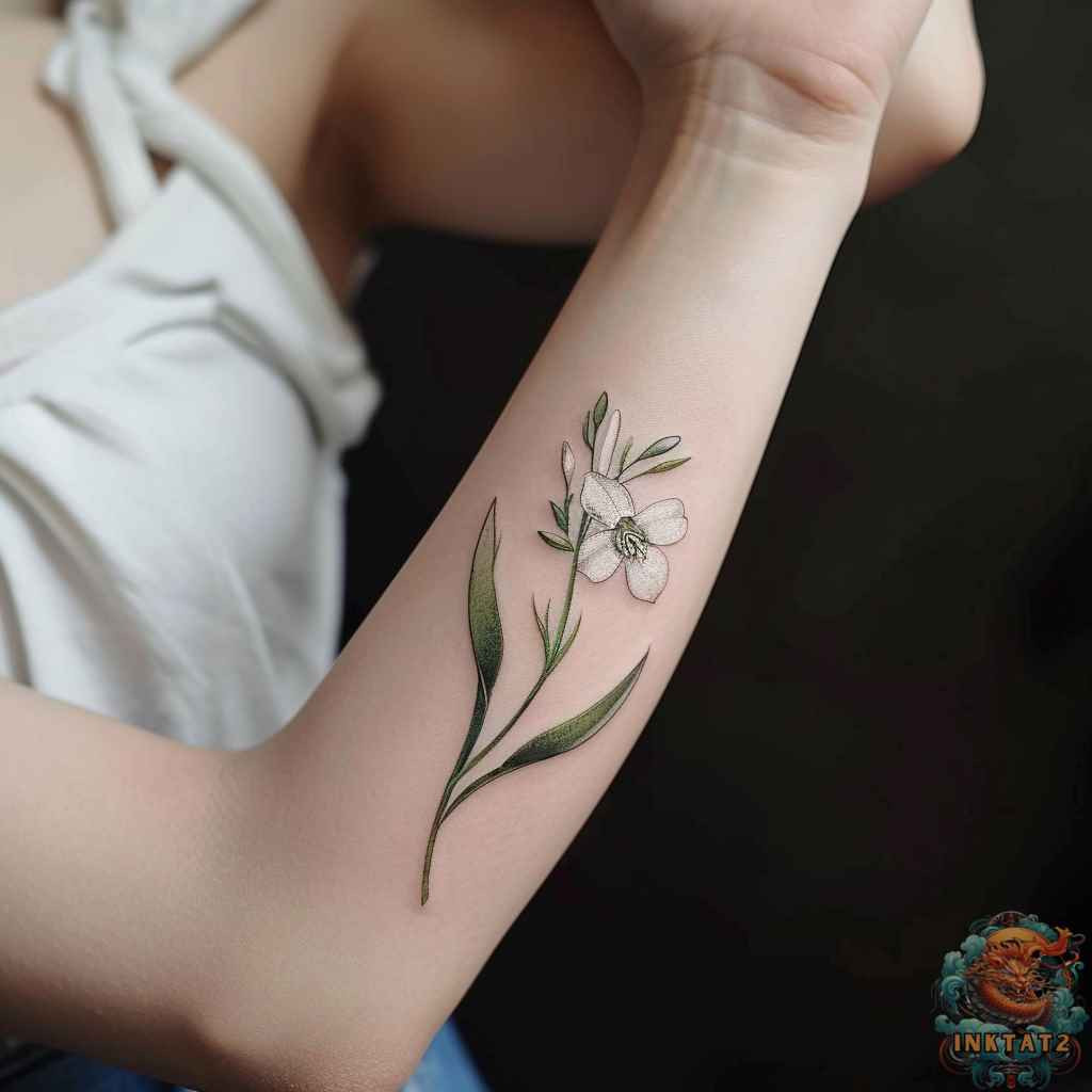Snowdrop flower tattoo on the forearm, symbolizing new beginnings and resilience