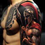 Crimson Spartan helmet tattoo design representing courage and protection