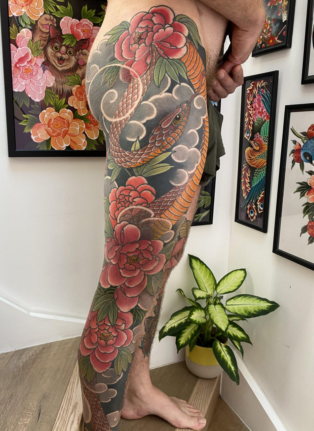 Elegant black peony tattoo design by Rodrigo Souto with grey shading