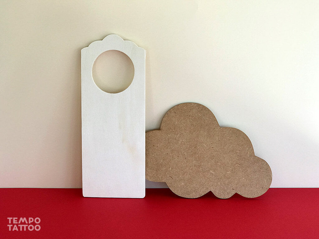 Wooden items prepared for temporary tattoo application