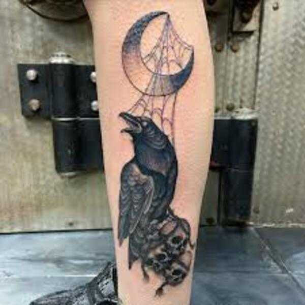 A crow tattoo design inspired by Edgar Allan Poe's &quot;The Raven,&quot; featuring a dark and melancholic aesthetic