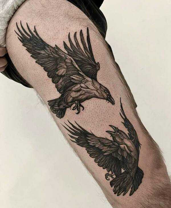 A crow tattoo design incorporating both light and dark elements, symbolizing the balance between opposing forces