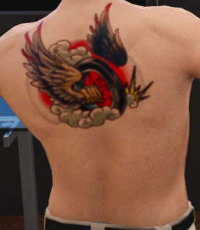 GTA 5 torso tattoo with winged wheel design, symbolizing freedom and speed, perfect for characters embracing a biker lifestyle