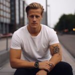Man with a detailed tattoo on his arm, showcasing intricate black ink work and artistic expression.