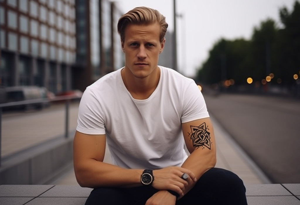 Man with a detailed tattoo on his arm, showcasing intricate black ink work and artistic expression.
