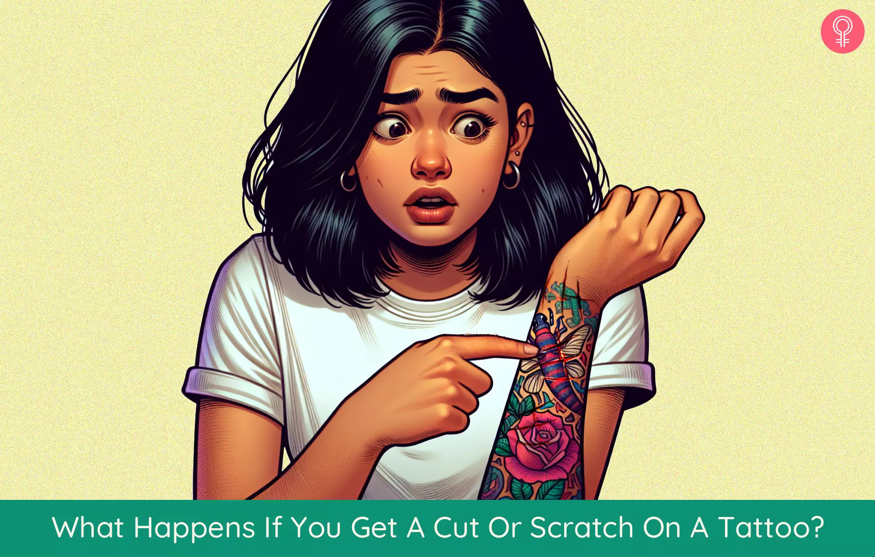Infographic illustrating the effects of a cut or scratch on a tattoo, emphasizing ink loss and scarring.