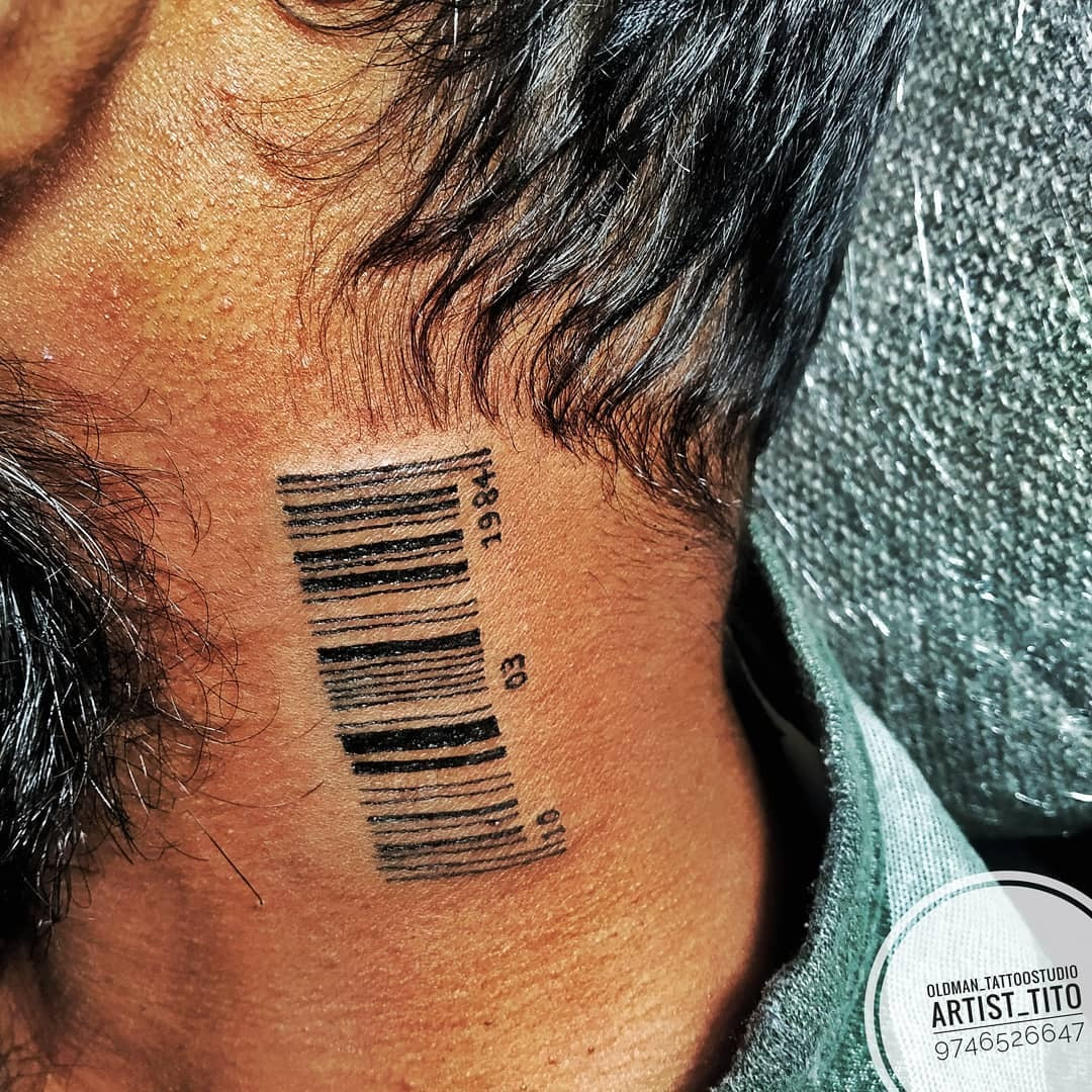 A well-executed barcode tattoo on the neck, demonstrating clean lines and precise placement.