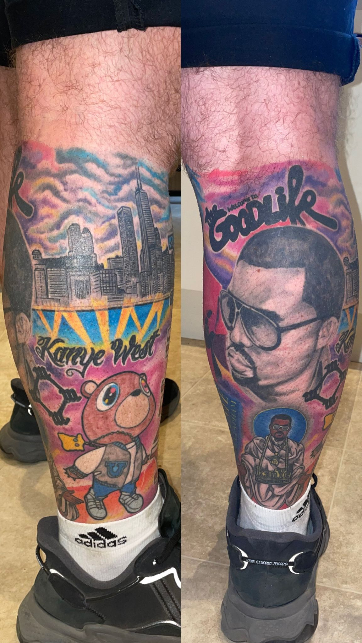 Side by side photo of Kanye West leg tattoo art