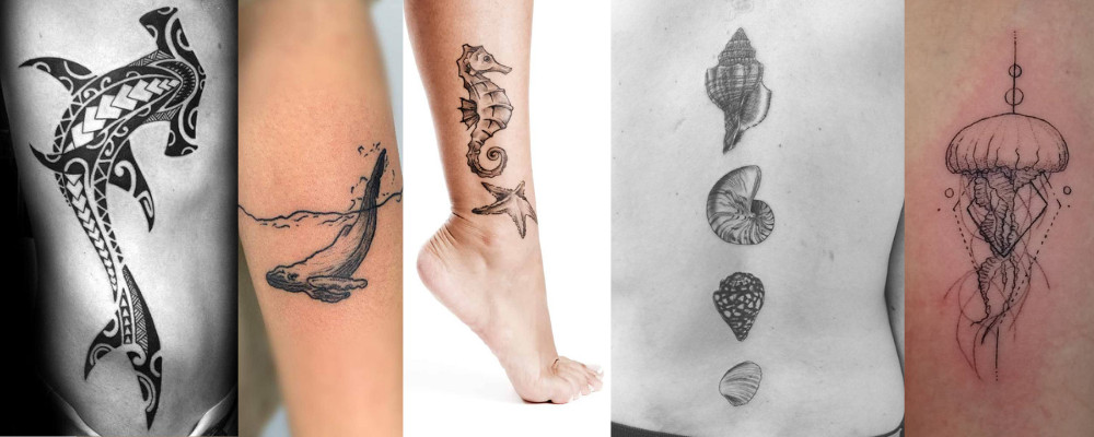 Ocean-themed tattoo with seashells, marine life, and flowing waves