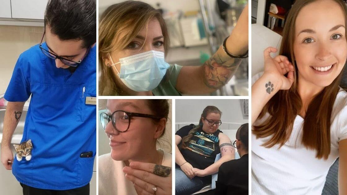 Collage of vet, vet nurses and students with tattoos