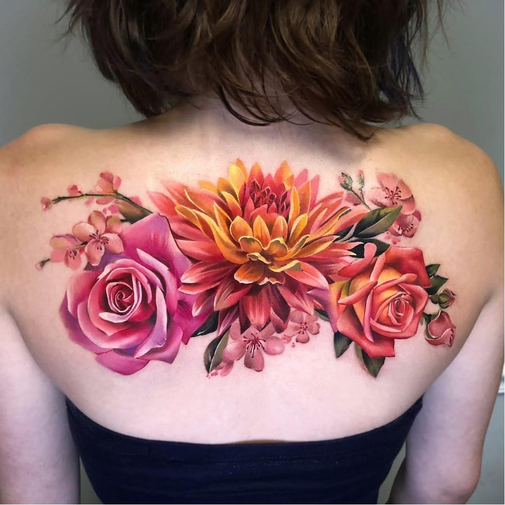 Tattoo by Antonina Troshina #AntoninaTroshina #realismtattoos #hyperrealismtattoos #realism #hyperrealism #realistic #flowers #rose #cherryblossom #floral #nature #color