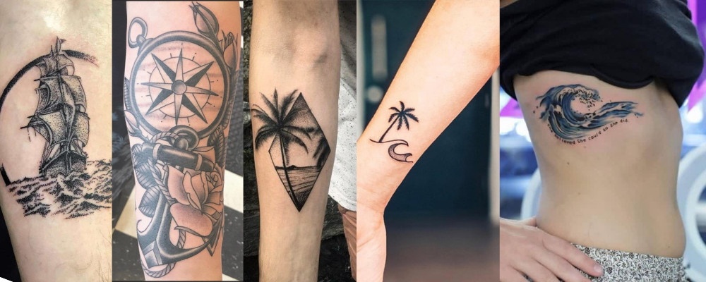 Nautical tattoo with anchor, steering wheel, and compass