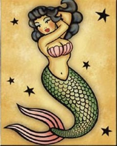 A traditional mermaid tattoo, a symbol of good luck and a reminder of the sea's alluring yet dangerous nature, captivating sailors with beauty and enchanting songs.