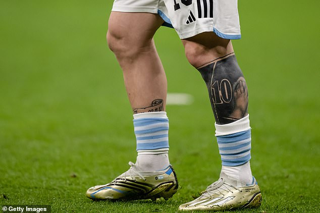 On the other side of Messi's left shin &amp; calf is the No. 10, for which he is now synonymous with