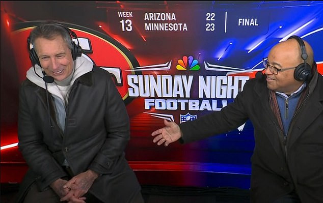 Cris Collinsworth commentary on the field, possibly without hand tattoos